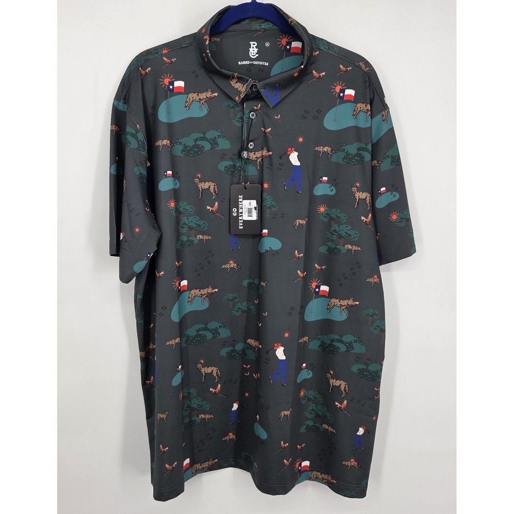 NEW Raised by Coyotes Polo Mens 2XL Green Coyote Country Club Stretch NWT